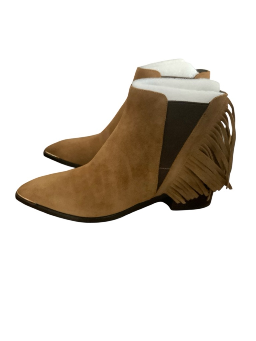 Marc Fisher Tan Suede Fringe Ankle Booties Slip ON SZ 8